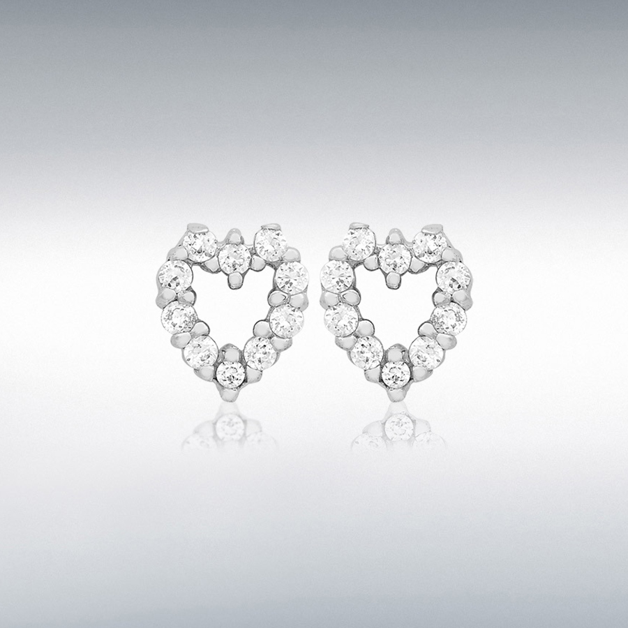 9ct White Gold 20 x 1.2mm CZ 6mm x 7mm 'Heart' Stud Earrings