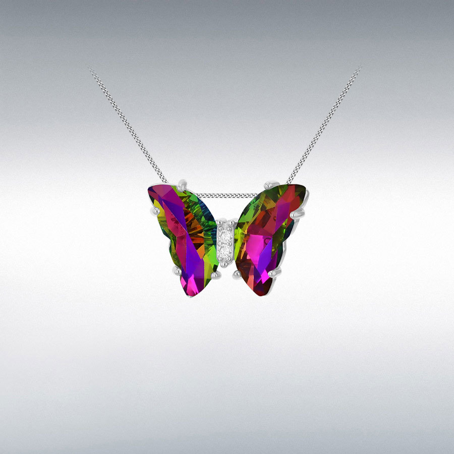 Sterling Silver Rhodium Plated CZ and Multi Coloured Glass Butterfly Pendant