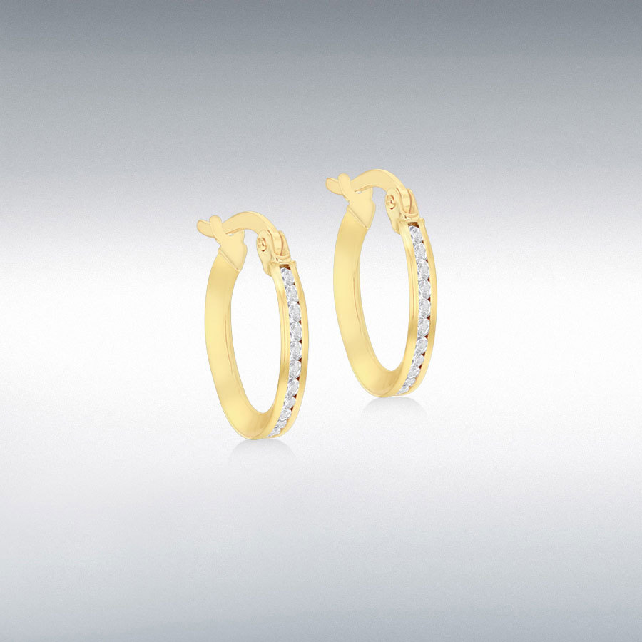 9ct Yellow Gold 1mm Round White CZs 14mm Endless Slim Hoop Earrings