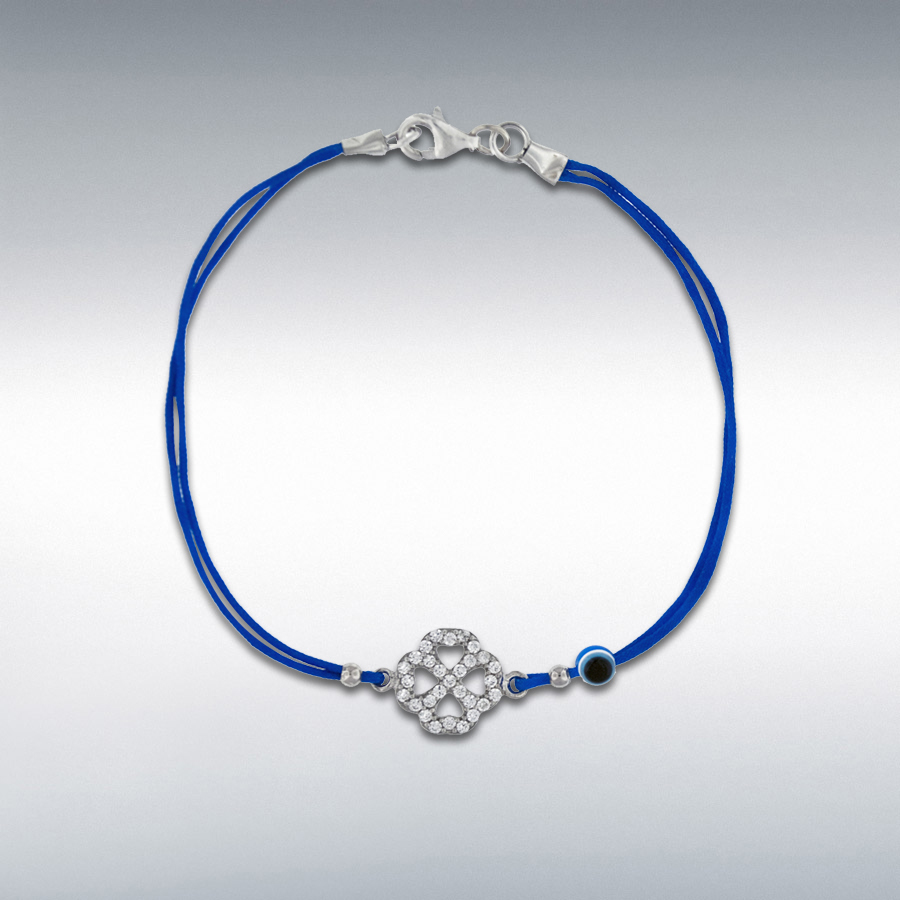 Sterling Silver White CZ 10.5mm x 10.5mm Four-Leaf Clover and Bead Blue Cord Bracelet 18cm/7