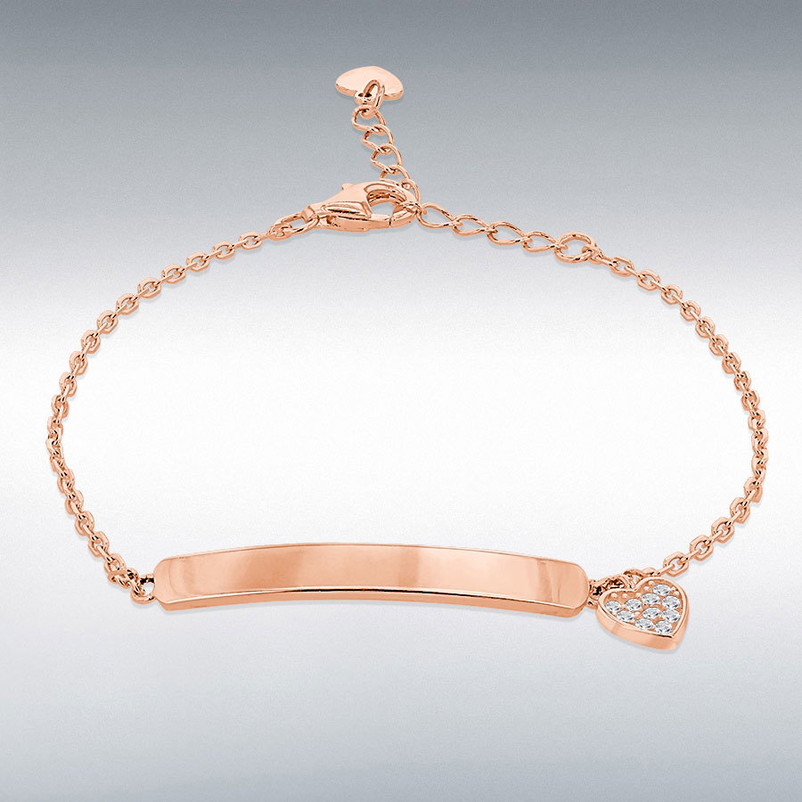 Sterling Silver Rose Gold Plated CZ 30mm x 5.5mm Bar Heart Charm Adjustable ID Bracelet 15cm/6"-19cm/7.5" 