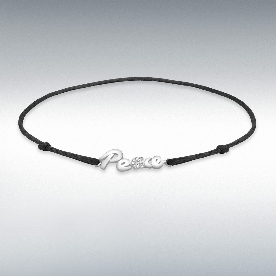 9ct White Gold 0.03ct Diamond 'Peace' on Adjustable Blac+C902k Silk Bracelet 14cm/5.5"