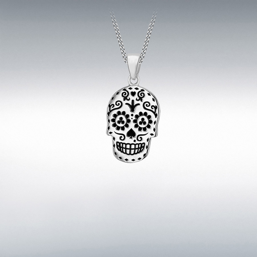 Sterling Silver Oxidised 13mm x 25.5mm 'Day of the Dead' Skull Pendant