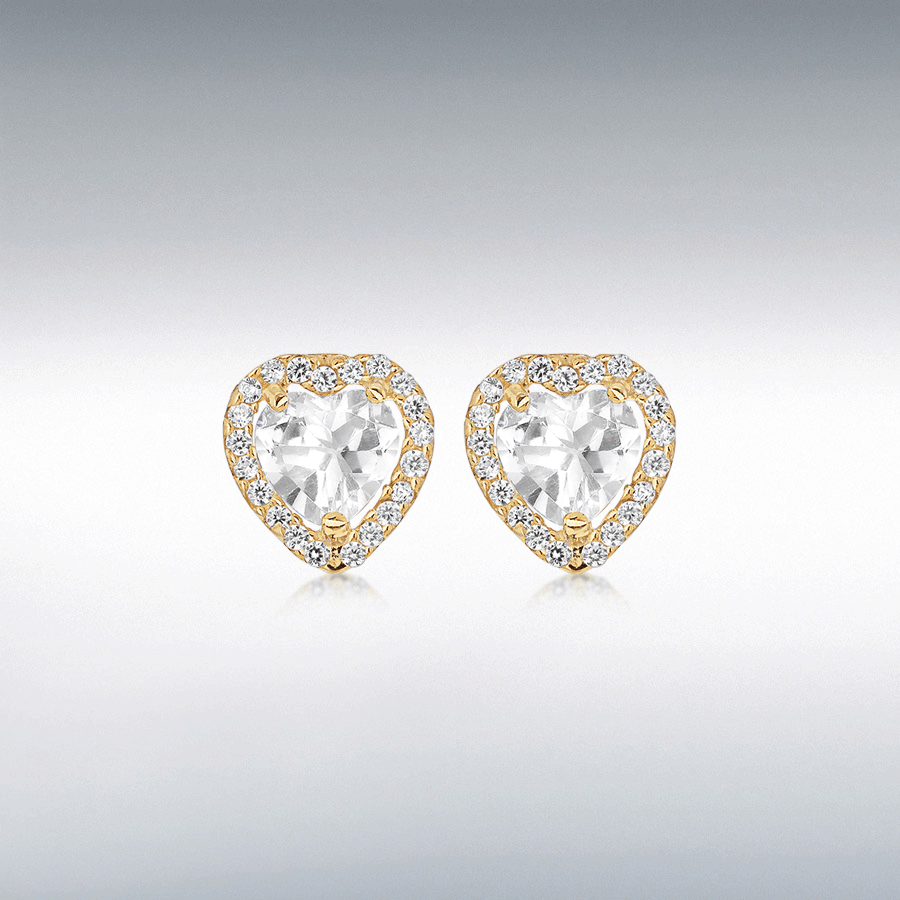 9ct Yellow Gold 6mm x 6mm CZ Heart and 42 x 1mm CZ Pave Set 9mm x 9mm Stud Earrings