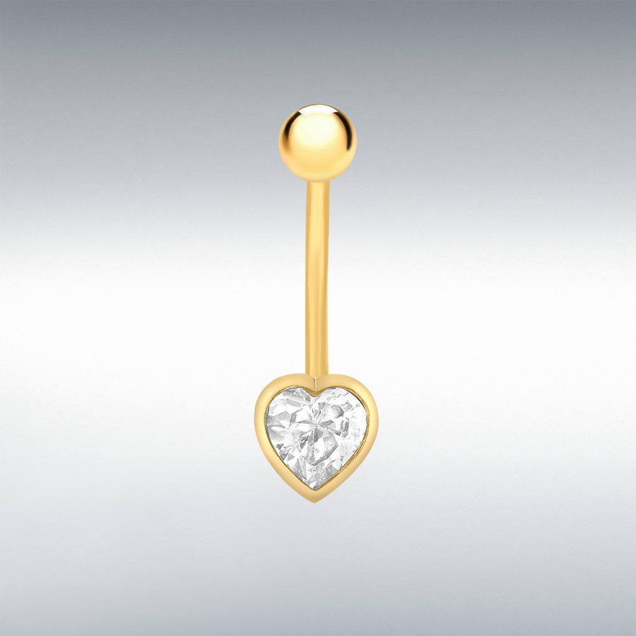 9ct Yellow Gold 6mm CZ 7mm x 22mm Heart Belly-Bar