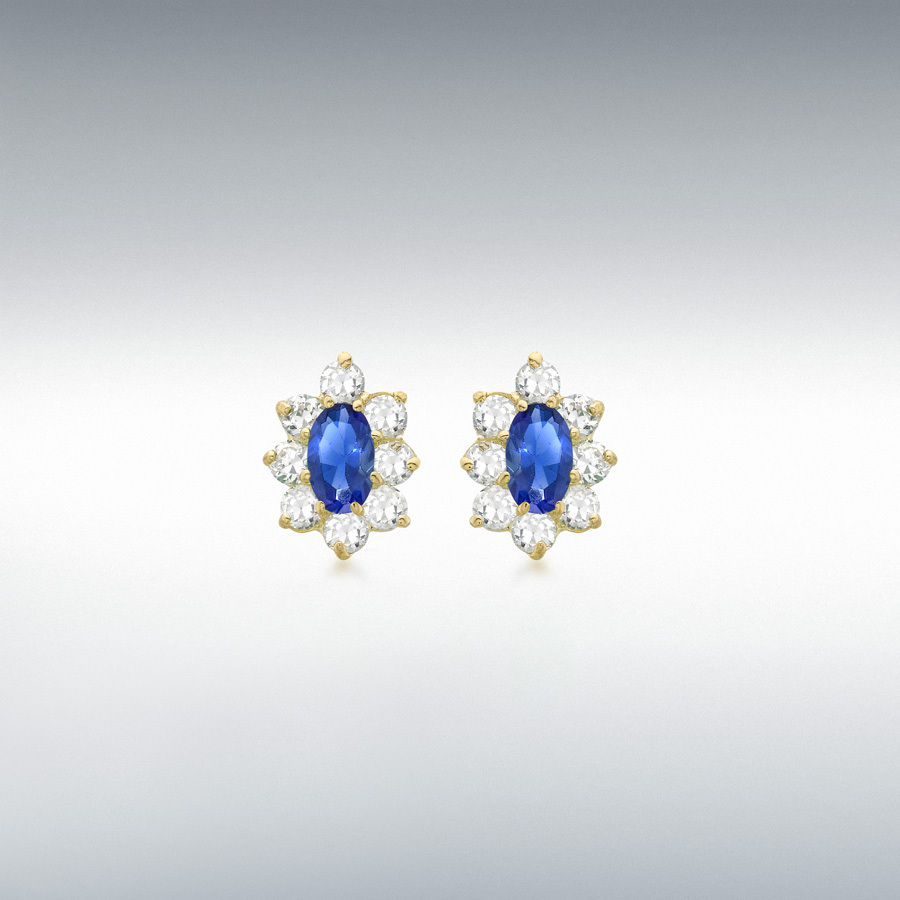 9ct Yellow Gold Oval Blue and Round White CZ 8mm x 10mm Flower Cluster Stud Earrings