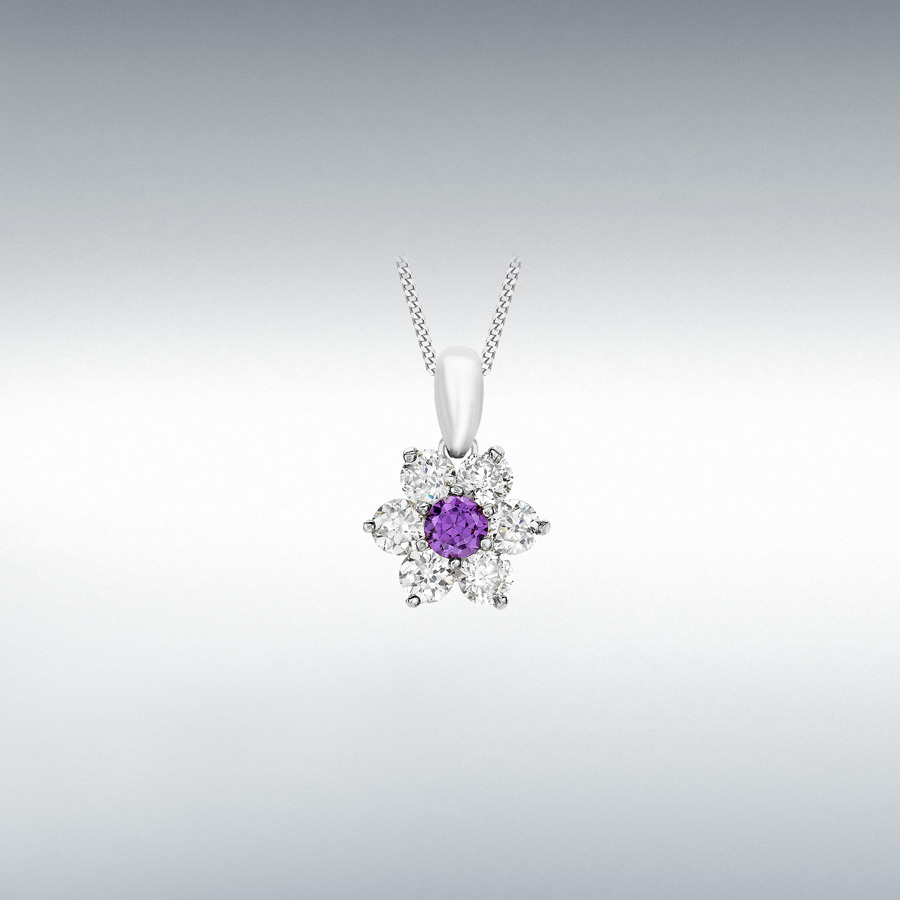 9ct White Gold Round Purple and Round White CZ 10.2mm x 14.8mm Flower Cluster Pendant