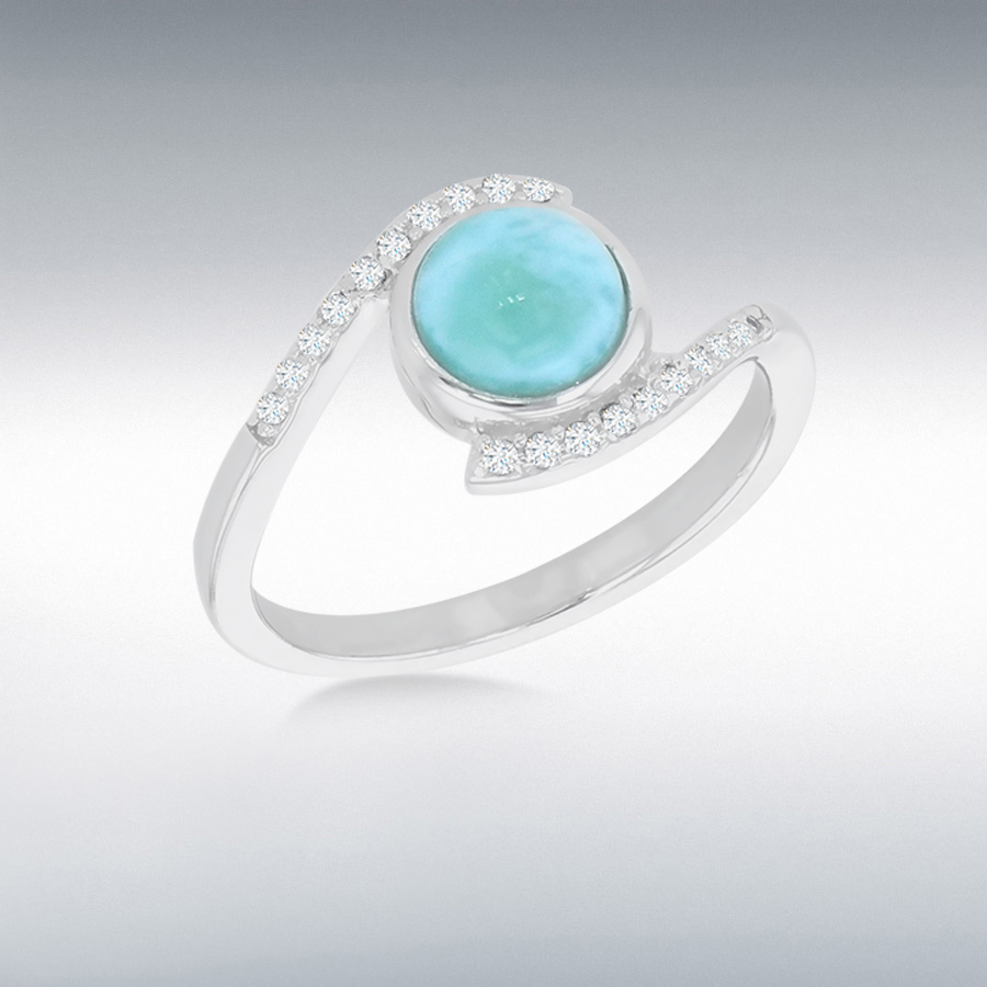 Sterling Silver Rhodium Plated CZ and Larimar 15mm x 9.5mm Wrap-Around Ring