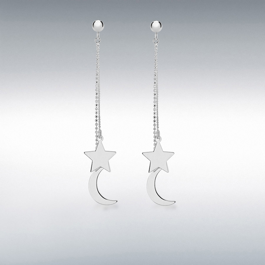 Sterling Silver 8.5mm x 15mm Moon & 11.5mm x 12.5mm Star Curb and Diamond Cut Ball Chain Drop Earrings