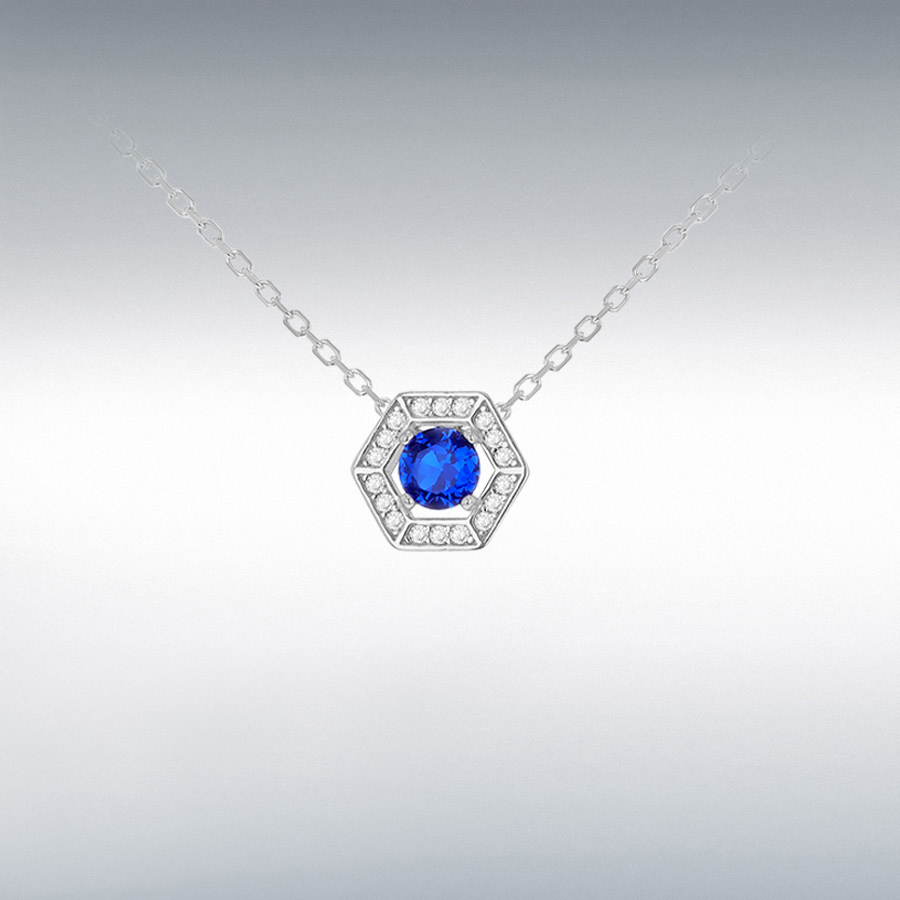 Sterling Silver Rhodium Plated 11mm x 9.5mm Round Small White CZ Halo Hexagon with 5mm Round Blue CZ Necklace  42cm/16.5" - 45cm/17.75"