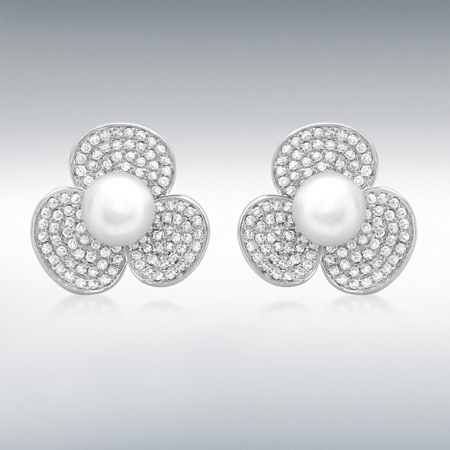 18ct White Gold 0.90ct Diamond and Freshwater Pearl Flower Stud Earrings
