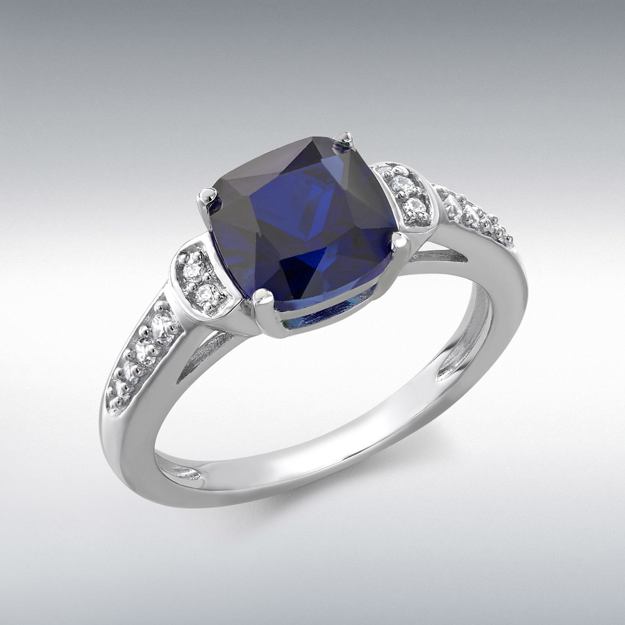9ct White Gold CZ and Synthetic Sapphire Open-Cathedral Ring