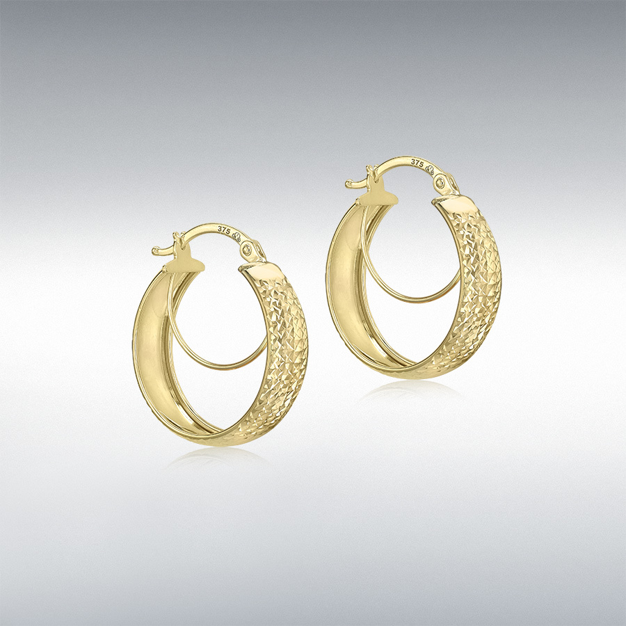 9ct Yellow Gold 19mm Diamond Cut Double-Hoop Creole Earrings