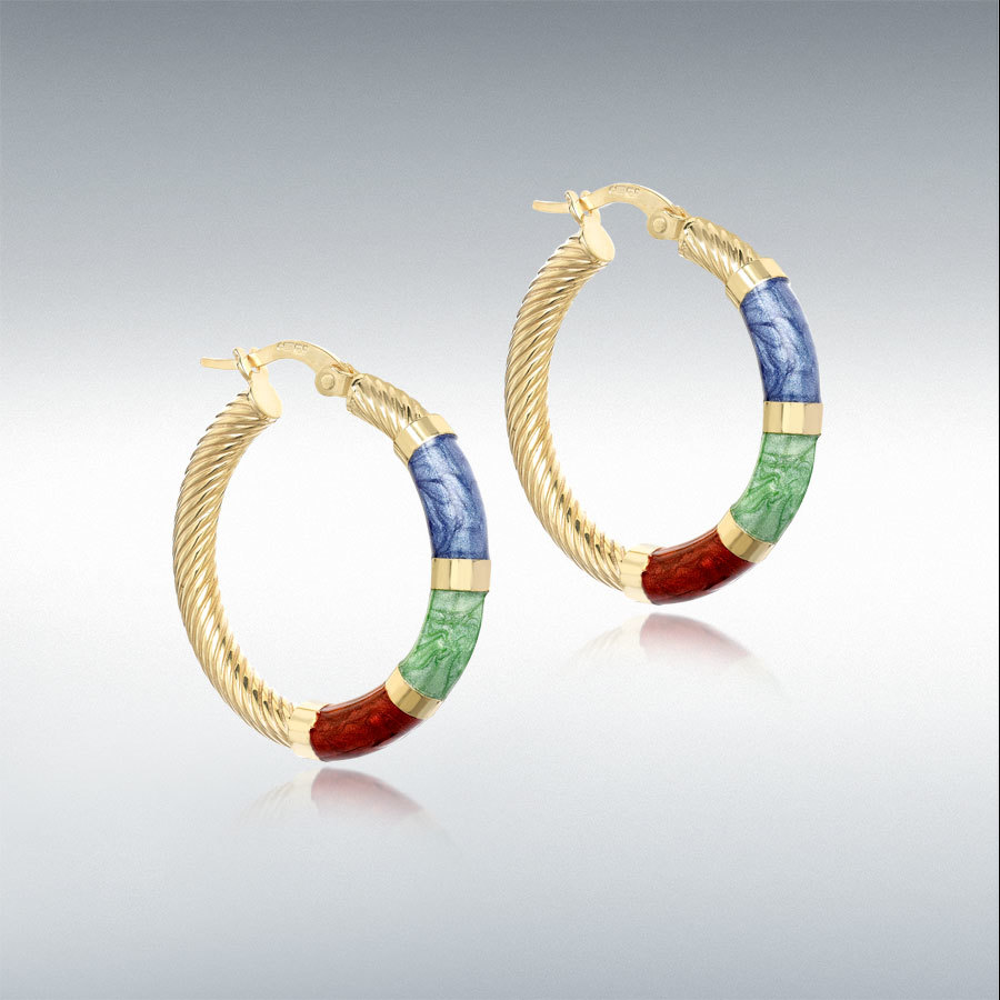 9ct Gold 26.5mm Blue, Green and Red Enamel Twist-Tube Hoop Creole Earrings