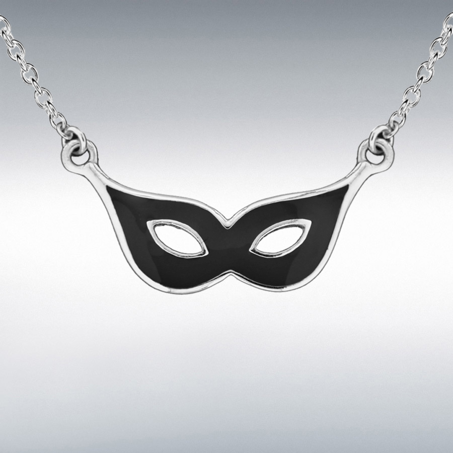Sterling Silver Rhodium Plated 28.5mm x 13.5mm Black Enamel Masquerade Mask Necklace 41cm/16"