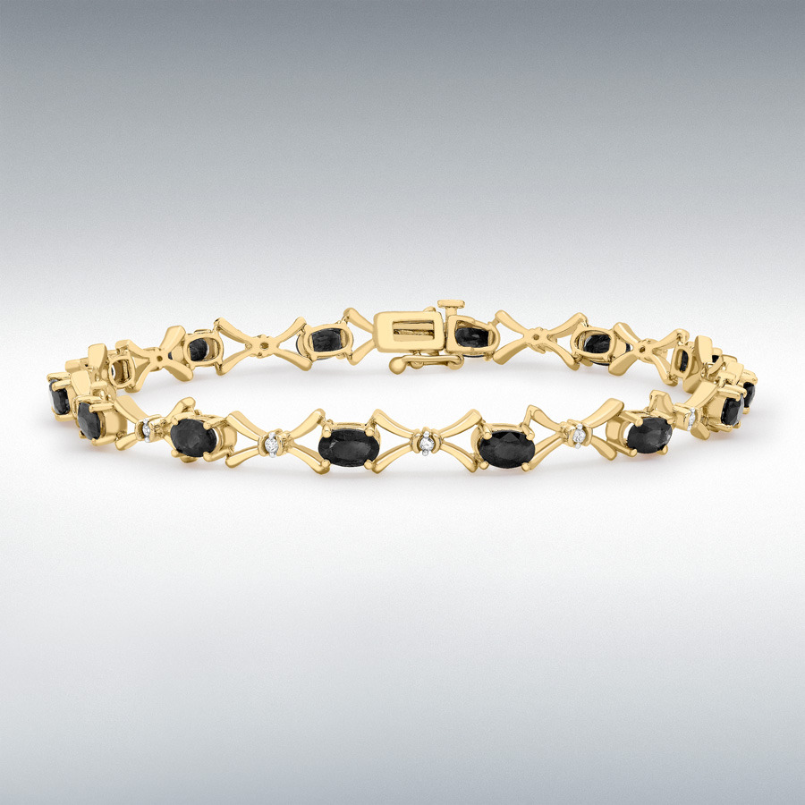 9ct Yellow Gold 0.12ct Diamond and Sapphire Link Bracelet 18cm/7"