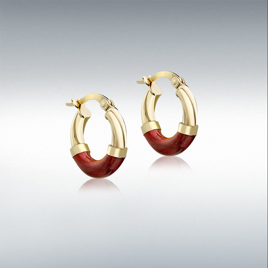 9ct Gold 16.5mm Red Enamel Slightly-Twisted-Tube Hoop Creole Earrings