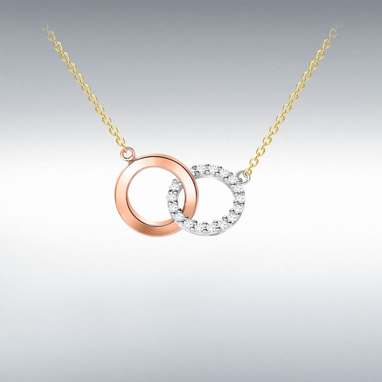 9ct 3-Colour Gold CZ Linked-Rings Adjustable Necklace 41cm/16"-46cm/18