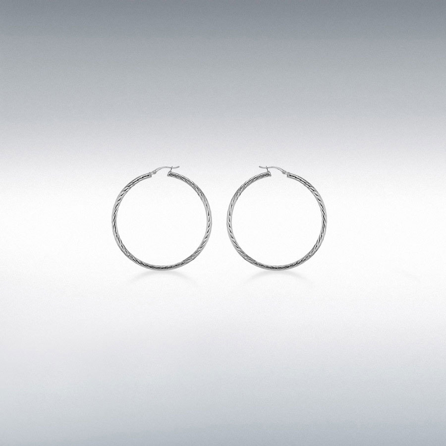 Sterling Silver Rhodium Plated 30mm Twist Diamond Cut Hoop Creole Earrings
