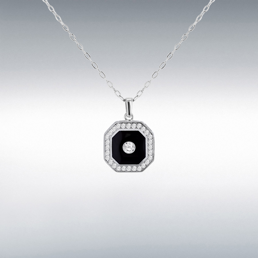 9CT WHITE GOLD BLACK ENAMEL WITH DIAMONDS OCTAGON NECKLACE