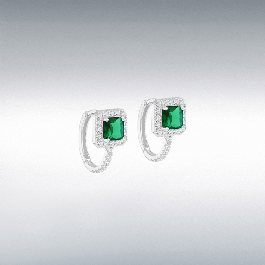 Sterling Silver White CZ and Green Glass 6.5mm Cushion Huggy Earring