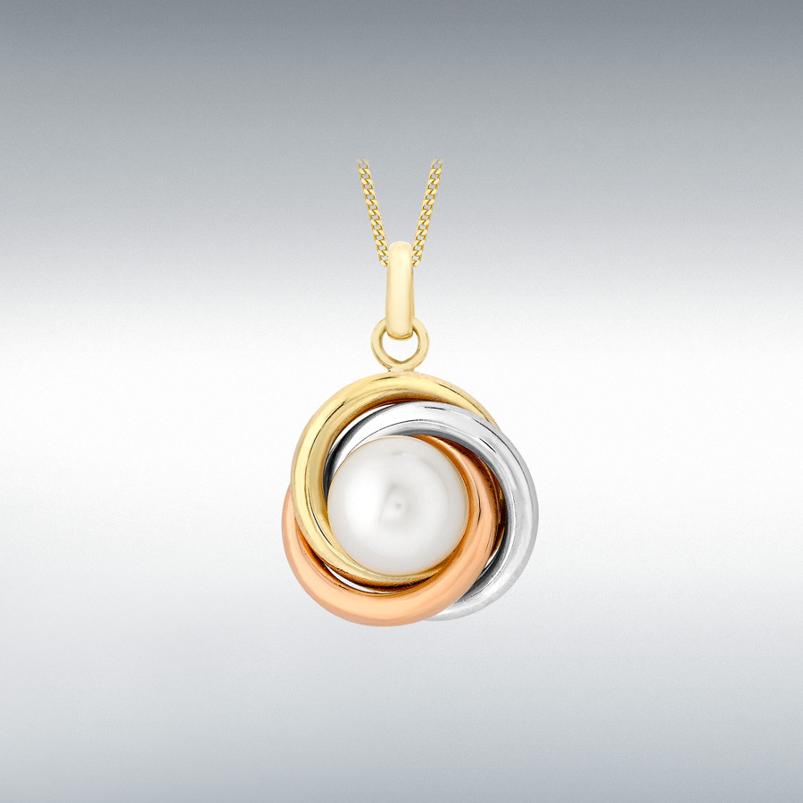 9ct 3-Colour Gold 7mm Freshwater Pearl 7mm x 15mm Knot Pendant