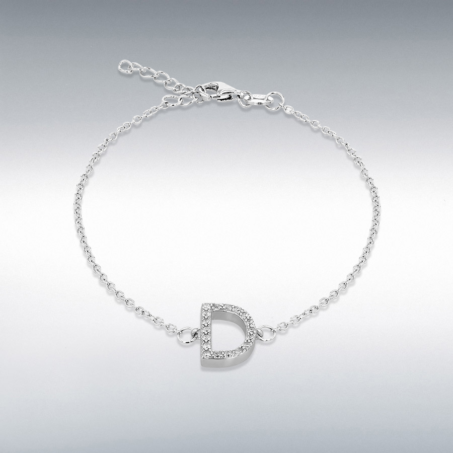 Sterling Silver Rhodium Plated CZ 8mm x 11mm 'D' Initial Bracelet 19cm/7.5