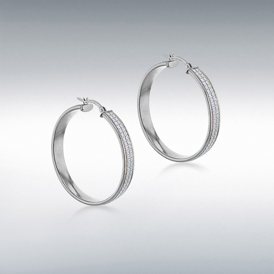 Sterling Silver Rhodium Plated 40mm Stardust Creole Hoop Earrings