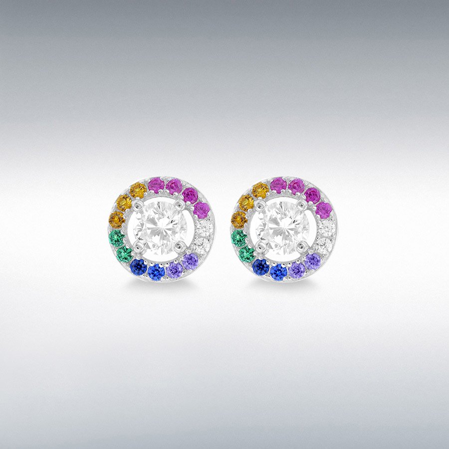 Sterling Silver Rhodium Plated Multi-Coloured CZ 8mm Disc Stud Earrings