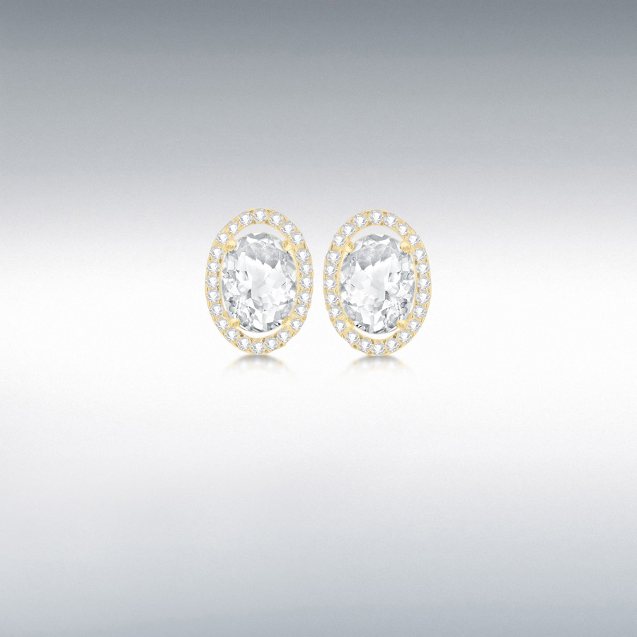 9ct Yellow Gold 6mm x 8mm Oval CZ and Pave Set 9mm x 12mm Stud Earrings