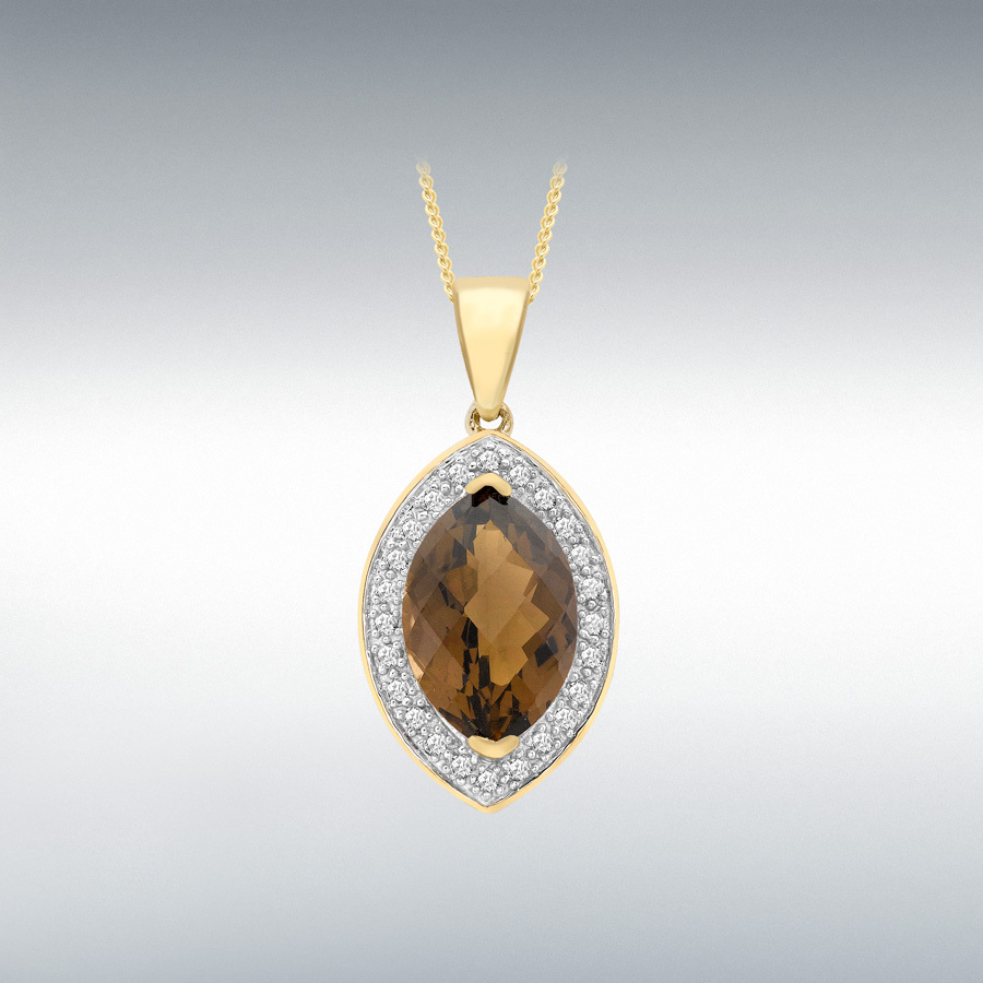 9ct Yellow Gold 0.15ct Diamond and Smokey Quartz Marquise 12mm x 24.8mm Pendant