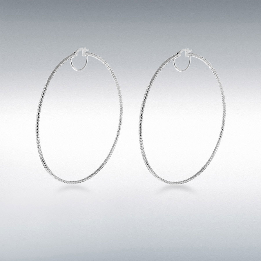 Sterling Silver Rhodium Plated 75mm Diamond Cut Hoop Creole Earrings