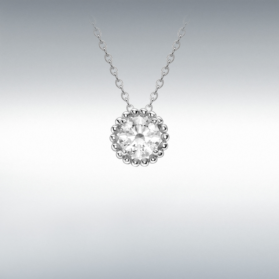 9ct White Gold CZ 7mm Halo Adjustable Necklace 43cm/17"-46cm/18"