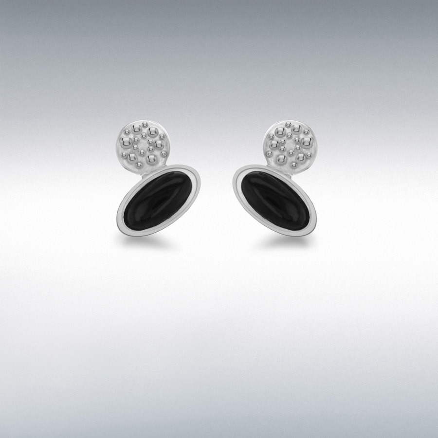 Sterling Silver Rhodium Plated Diamond and Onyx Stud Earrings