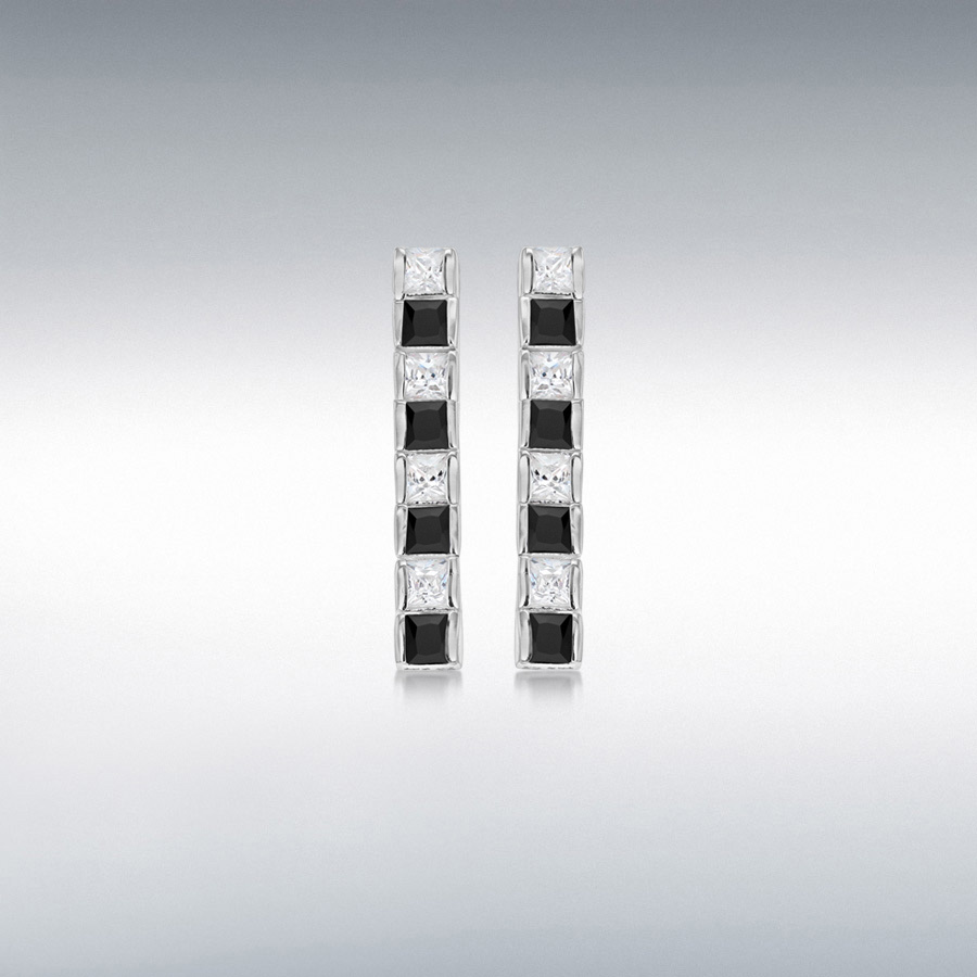 Sterling Silver Black and White CZ 3.7mm x 22.8mm Tennis Drop Earrings