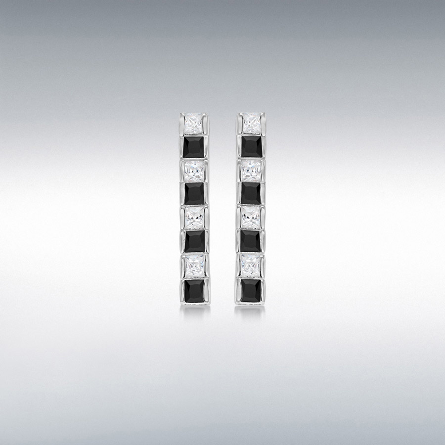 Sterling Silver Black and White CZ 3.7mm x 22.8mm Tennis Drop Earrings