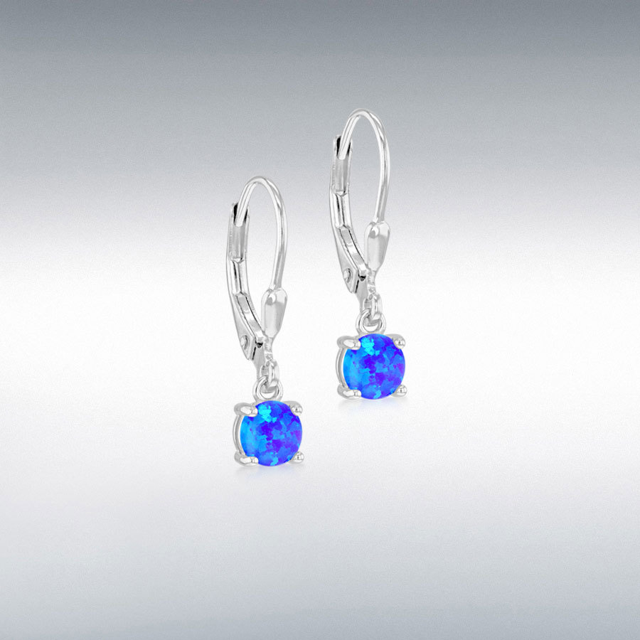 Sterling Silver Rhodium Plated 5mm Synthetic Blue Round Opals Drop Earrings