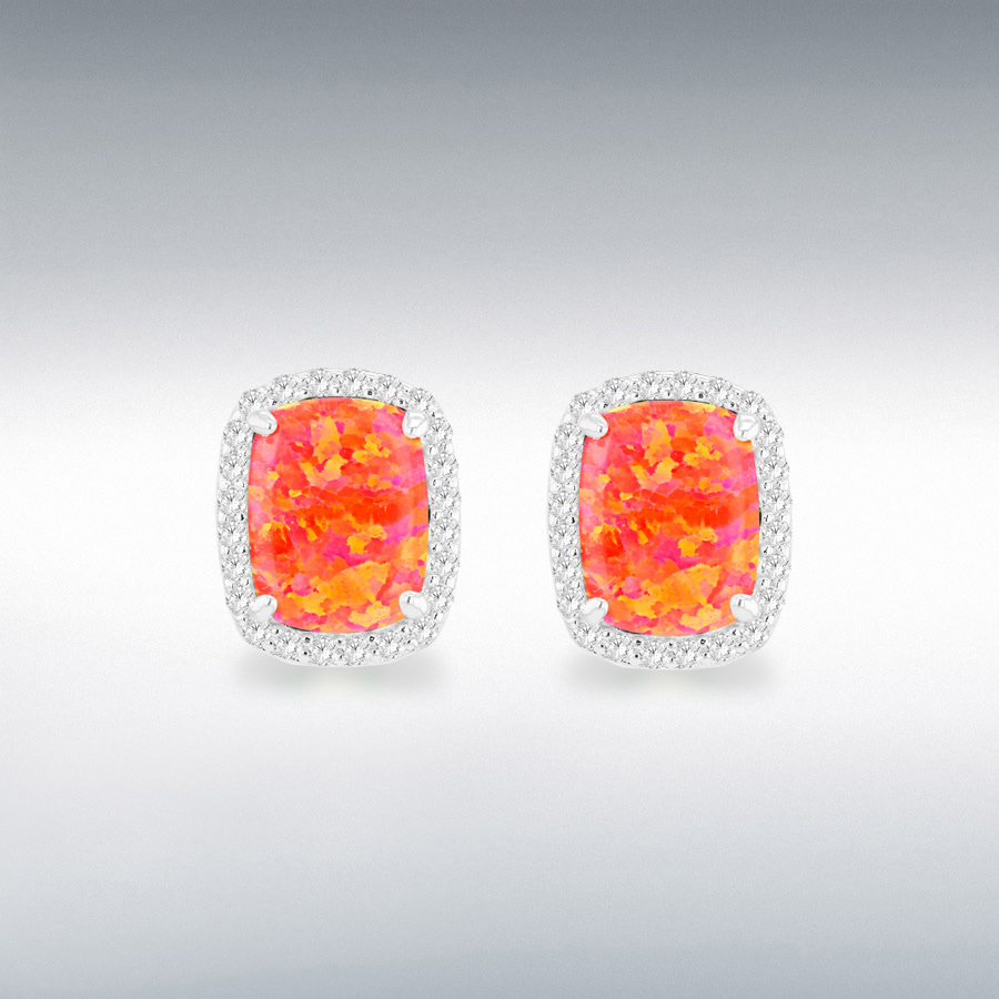 Sterling Silver Rhodium Plated Rectangle Synthetic Orange Opal and White CZ 8.5mm x 10mm Halo Stud Earrings
