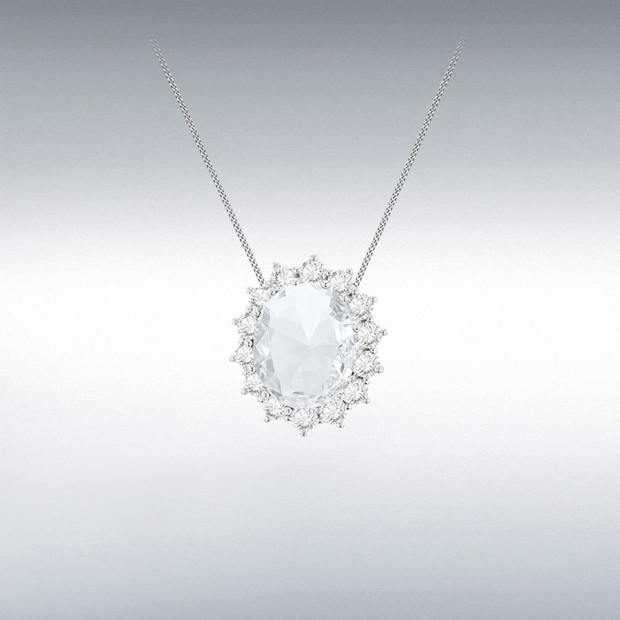 Sterling Silver Rhodium Plated CZ and White Glass 10mm x 12mm Oval Pendant