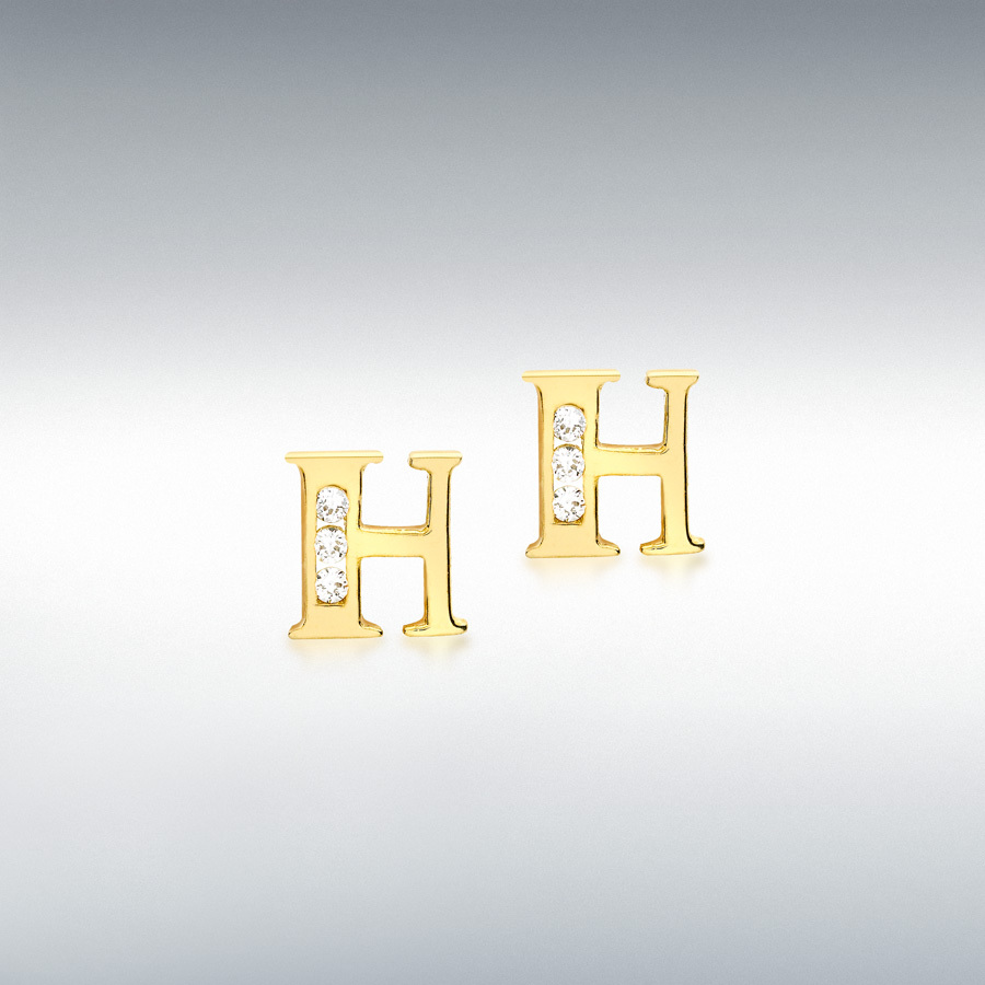 9ct Yellow Gold CZ 6mm x 6mm 'H' Initial Stud Earrings