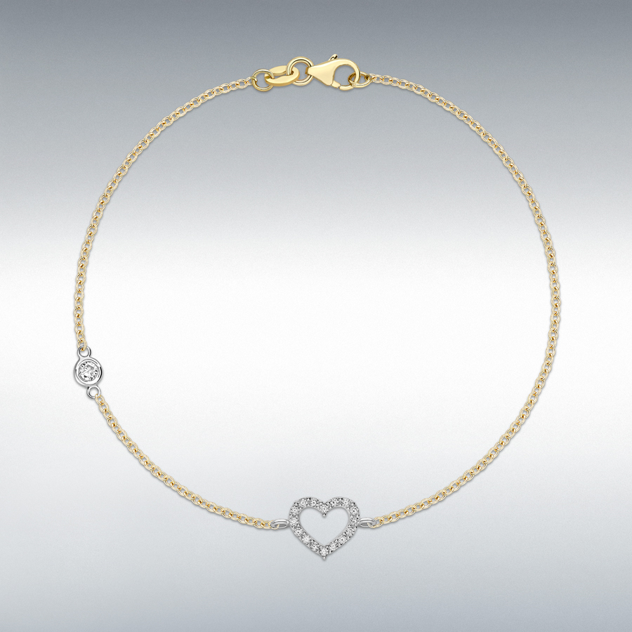 9ct 2-Colour Gold 3.5mm CZ and 13mm x 7.5mm CZ Heart Bracelet 19cm/7.5