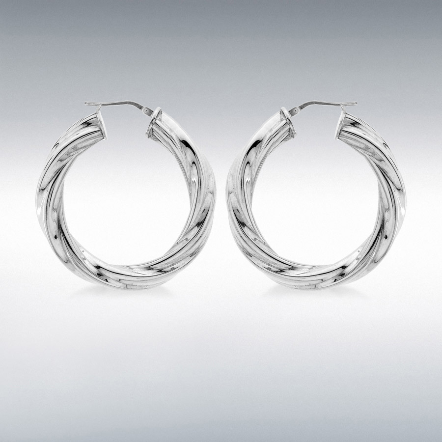 Sterling Silver 6mm Tube 37mm Twisted Hoop Creole Earrings