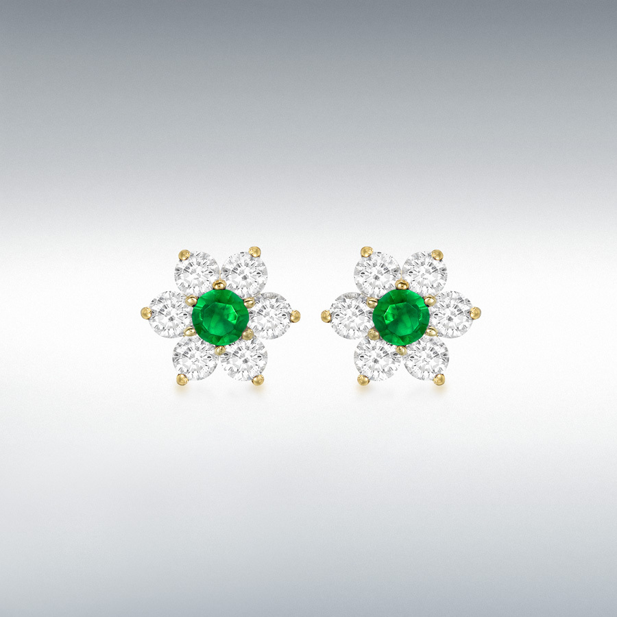 9ct Yellow Gold Round Green and Round White CZ 10mm x 10mm Flower Cluster Stud Earrings
