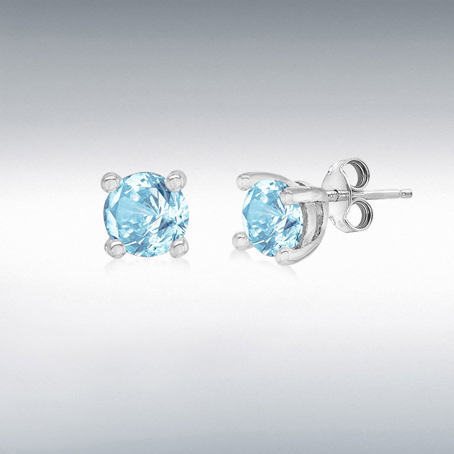 Sterling Silver Rhodium Plated Aqua 4mm Glass Stone March Birthstone Stud Earring