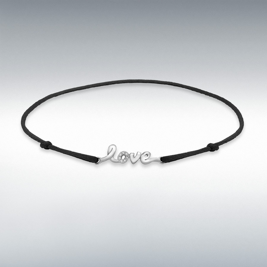 9ct White Gold 0.03ct Diamond 'Love' on Adjustable Black Silk Bracelet 14cm/5.5"