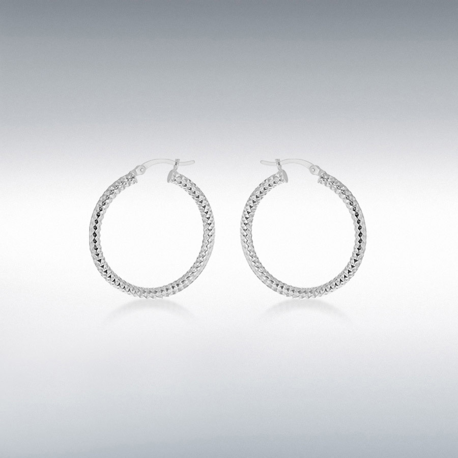 Sterling Silver Rhodium Plated 35mm Diamond Cut Hoop Creole Earrings