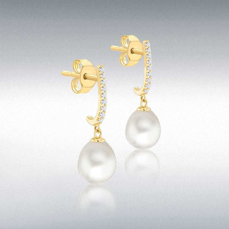 9ct Yellow Gold Fresh Water Pearls with CZs Drop Stud Earrings