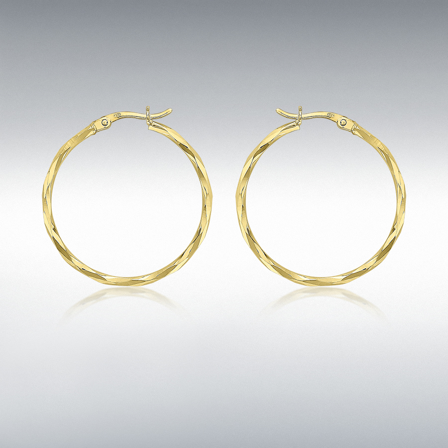 9ct Yellow Gold 1.5mm Tube 38mm Diamond Cut Faceted Hoop Creole Earrings