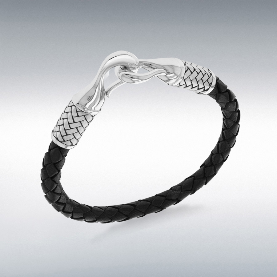 Sterling Silver 6mm Black Leather Woven Bracelet 21.5cm/8.5"