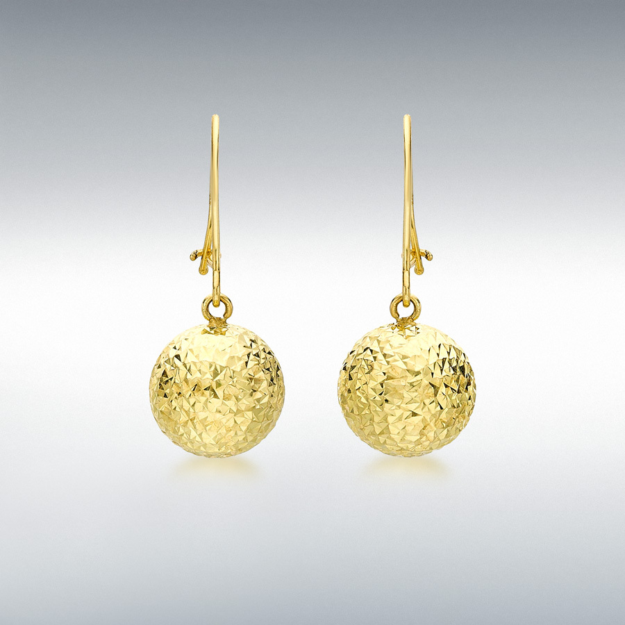 9ct Yellow Gold 10mm Diamond Cut Ball 10mm x 24mm Drop Earrings